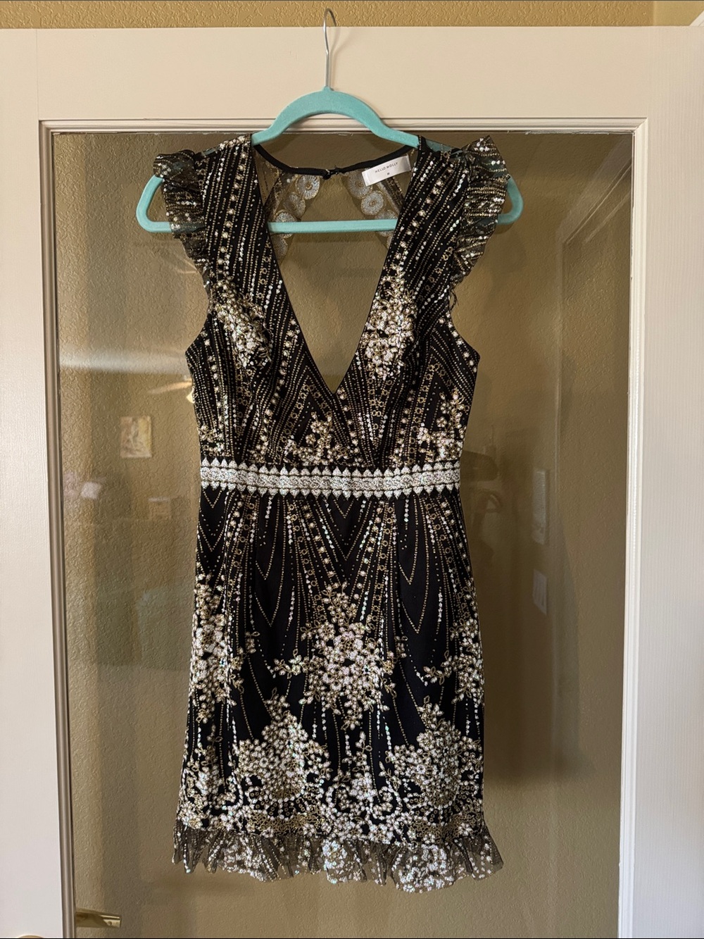 Hello Molly Black Beaded V-Neck Cocktail Dress Medium